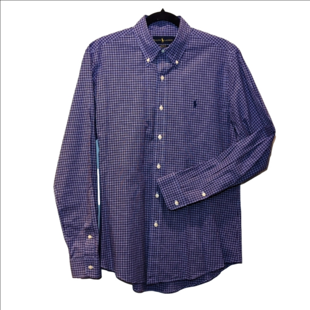 Ralph Lauren Button Down Dress Shirt Plaid Pleated Custom Fit Blue Label Medium
